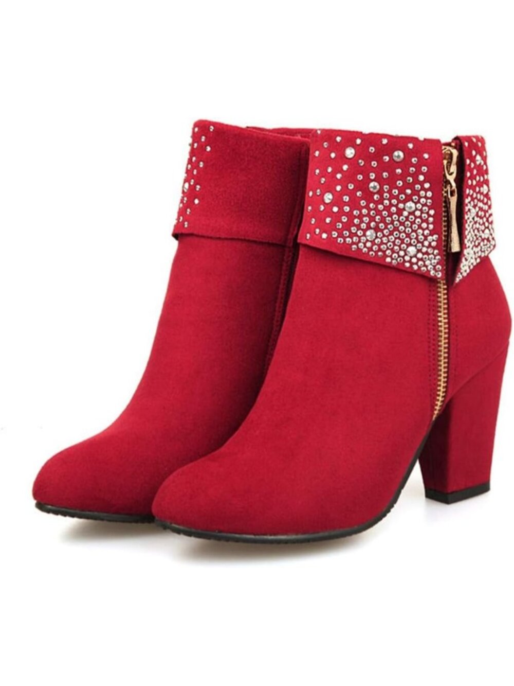 Women's Red Fashionable Comfortable Water Drill Frosted Thick Heel Short Boots